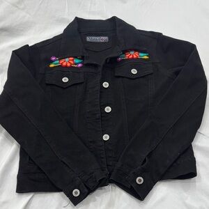 SHAN Kids Black Denim Jacket with Colorful Embroidery